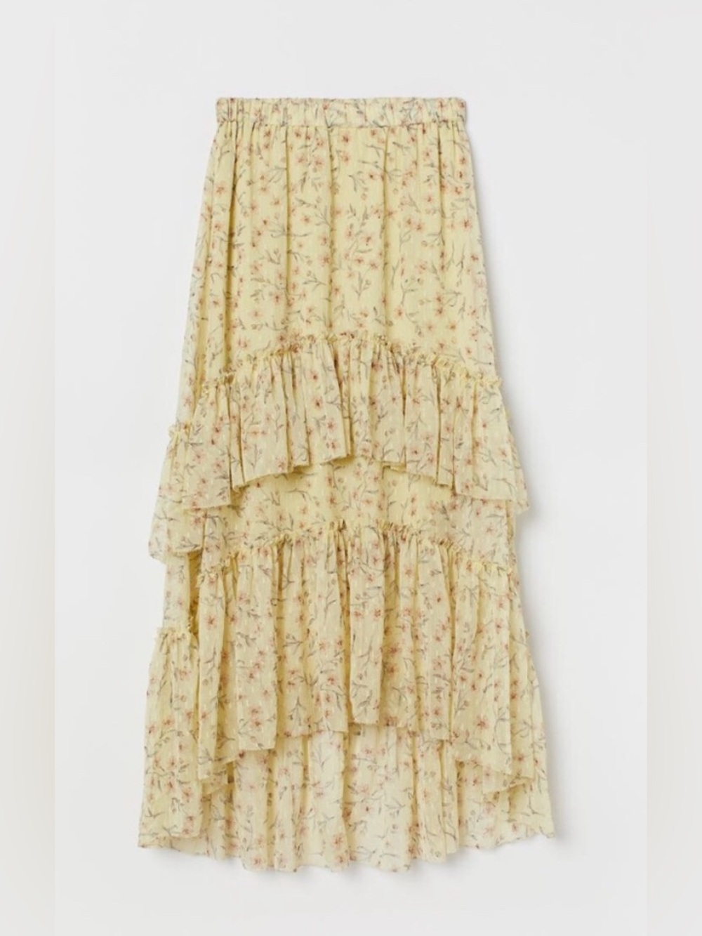 H&M Yellow Floral Chiffon Tiered Hi-Low Maxi Skirt